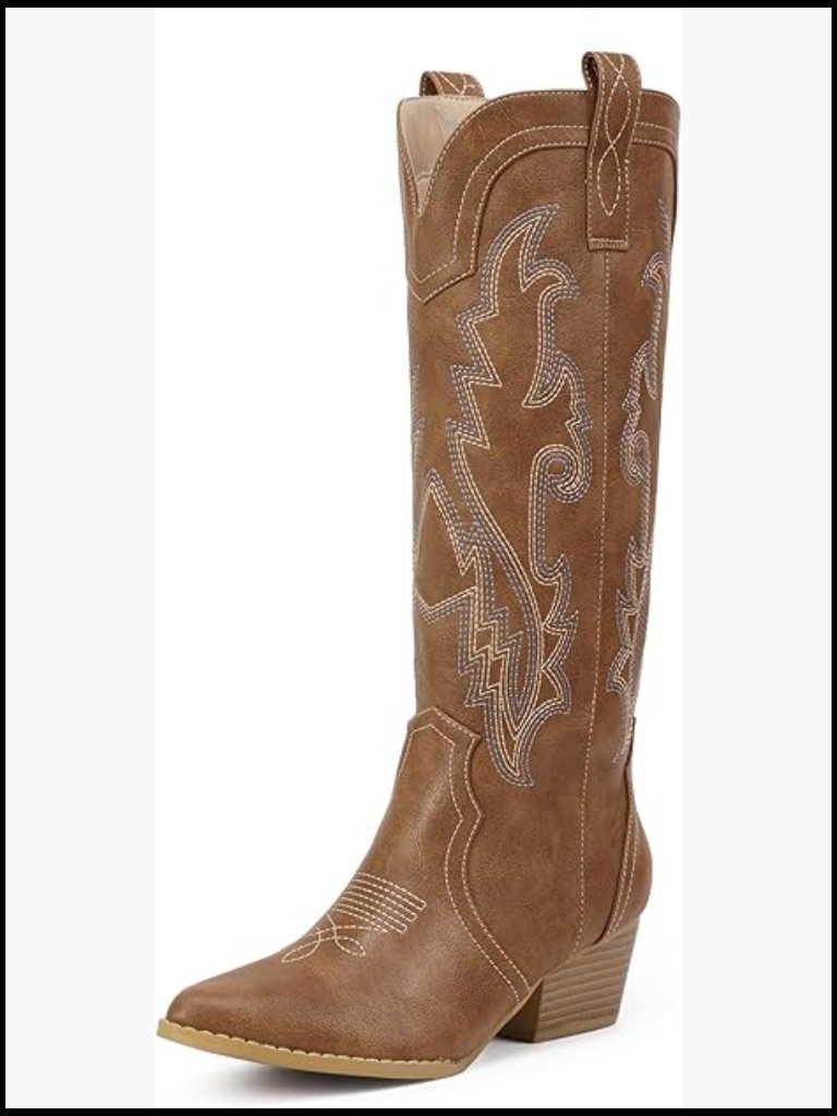 Embroidered Cowgirl Knee High Chunky Heel Western Boots Pointed Toe Fashion